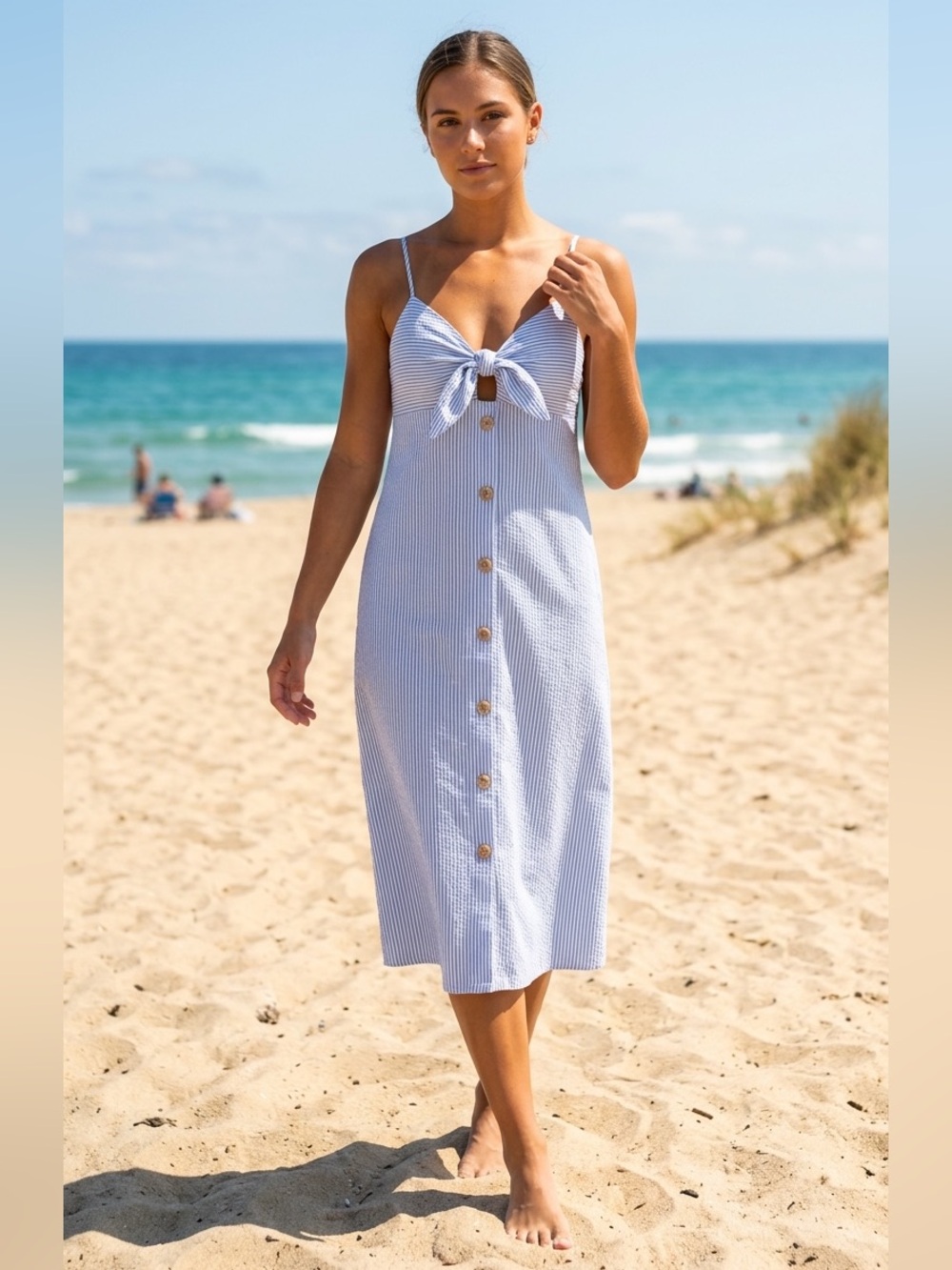 Zara Trafaluc Blue & White Striped Tie-Front Midi Dress #84